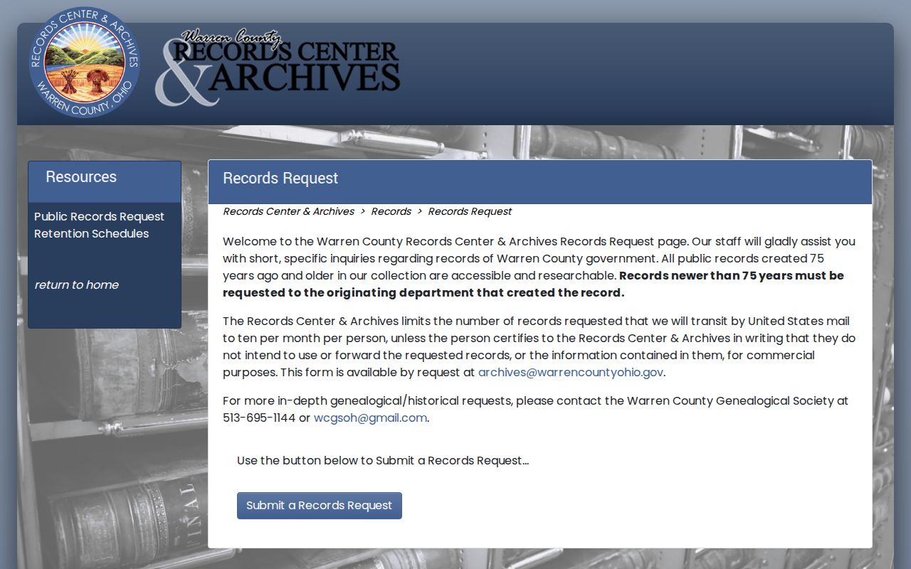 Hamilton Township residents directory Warren County Records Center request form