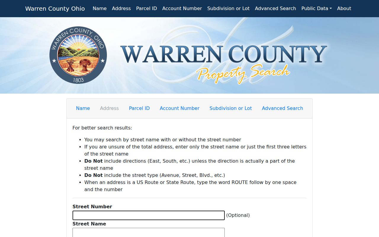 Hamilton Township street directory view of the Warren County Auditor address search